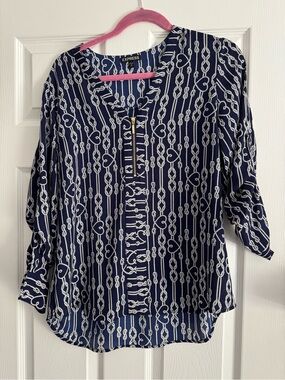 Express Navy and White Rope-Print Button-Down Blouse